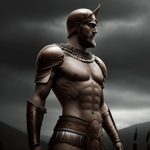 AI generated: Leonidas 1 the king of Sparta, a great warrior, stands after the battle, looking into the distance, ...