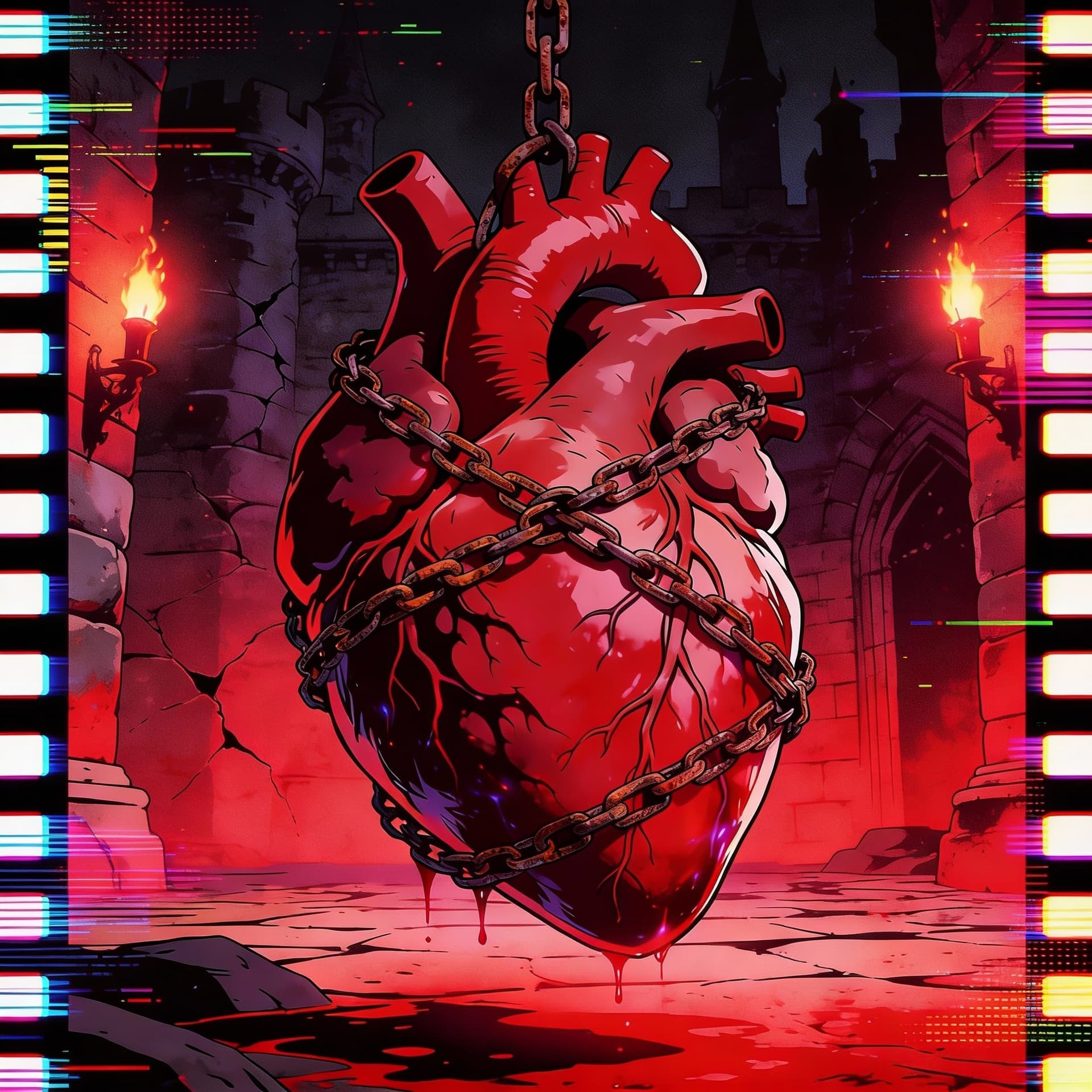 AI generated: Retro 90s anime style, VHS grain filter, crimson red dominant palette, gothic vampiric theme, human ...