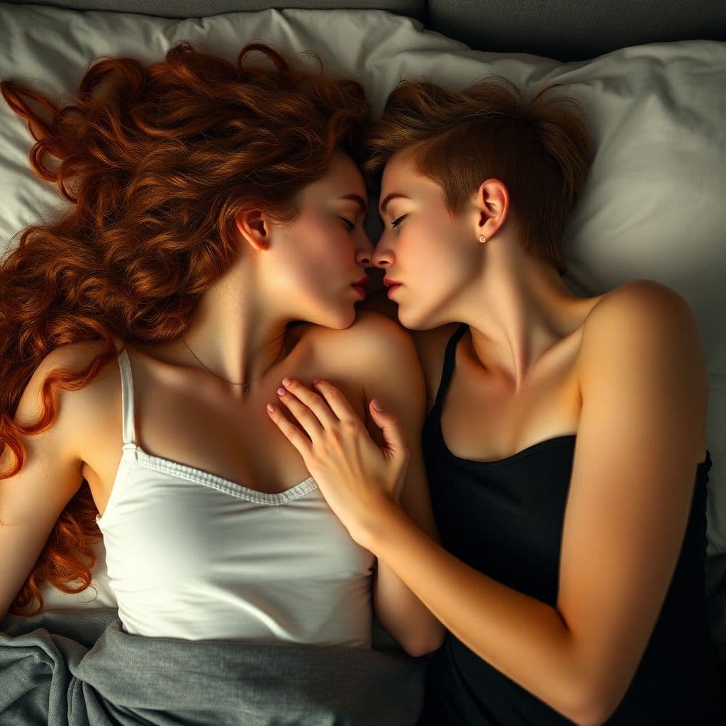 AI generated: a couple of women lying next to each other in a bed, stoya, long curl red hair, touching, kissing, h...