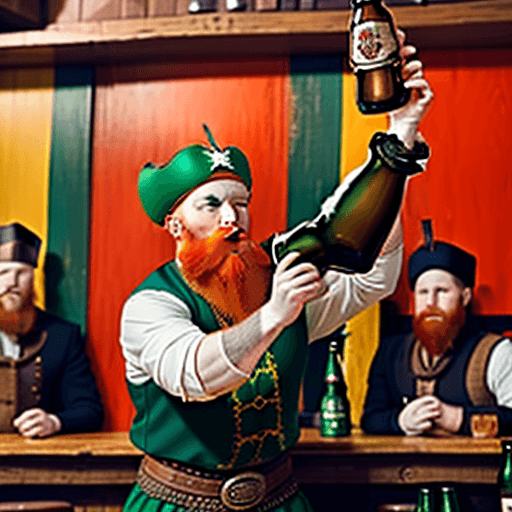 AI generated: a redheaded irish man with a red beard wearing irish clothing throwing a beer bottle at a ukrainian ...