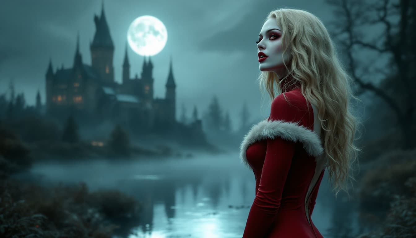 AI generated: a vampire woman with visible four inch long long incisors, pale skin, red eyes, and long blonde tres...