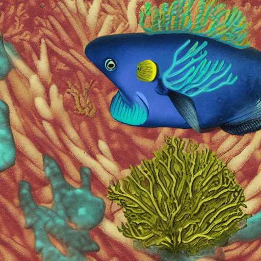 AI generated: 2D image of a deep sea diver underwater, fish and corals, and sea weed.