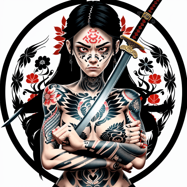 AI generated: This image is a digital illustration of a woman with tattoos on her skin, holding a sword with both ...