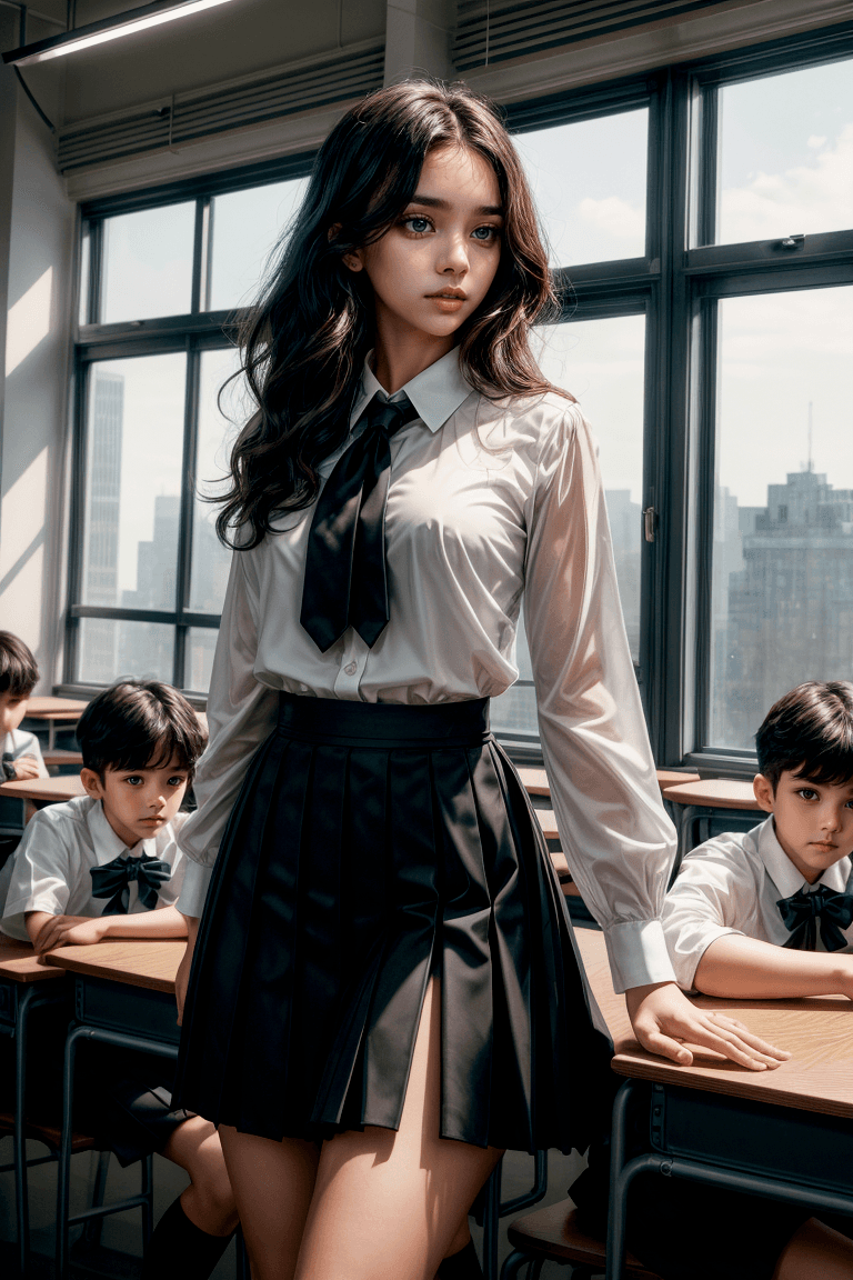 AI generated: A panoramic view of a classroom, gorgeous teacher with class of young boys, white blouse, short blac...