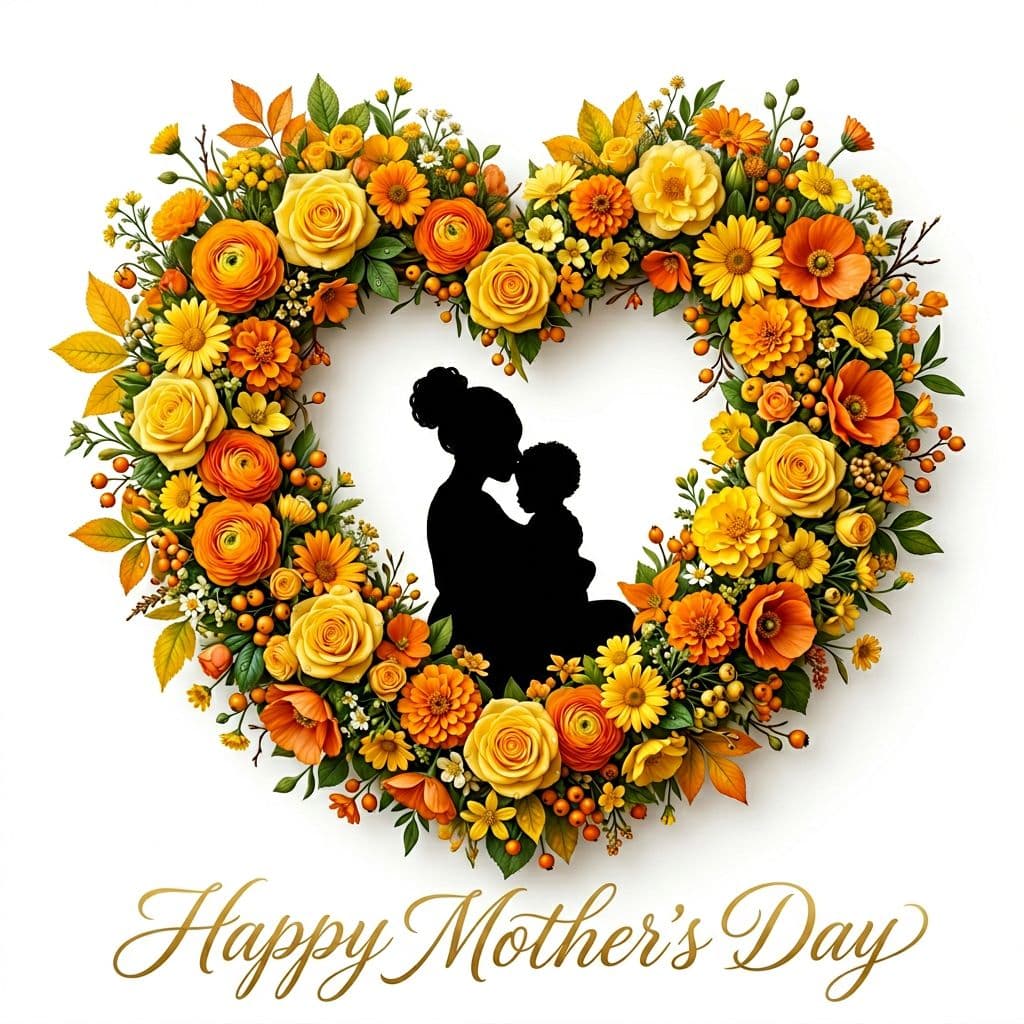 AI generated: 'Happy Mother's Day' create heart wreath made of yellow and orange with an African American tiny mot...
