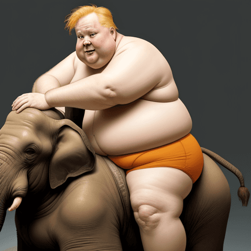 AI generated: Old fat man, orange blond hair, in underwear, looking sad, riding on an elephant 



