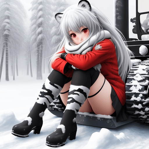 AI generated: taiga aisaka, anime, sit on snowy camouflage  tank and hug herself, winter red school uniform, long ...