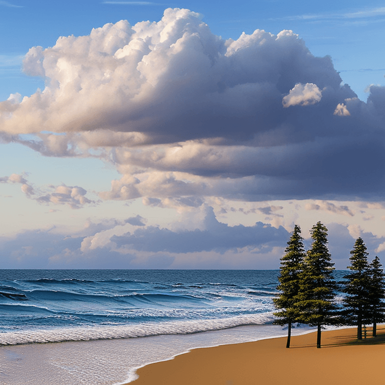 AI generated: photorealistic oil on canvas,
sparse clouds in a soaring sky, 
small pine trees, wavy beach
beautifu...