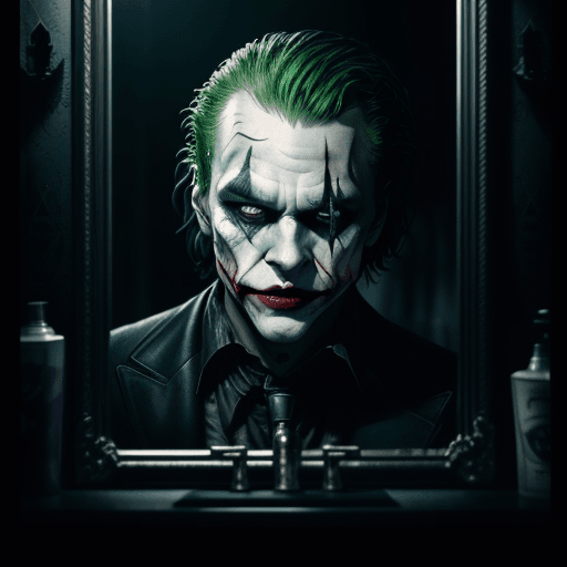 AI generated: The Joker, a villain from the Batman film series, looks at himself in a broken mirror, in the style ...