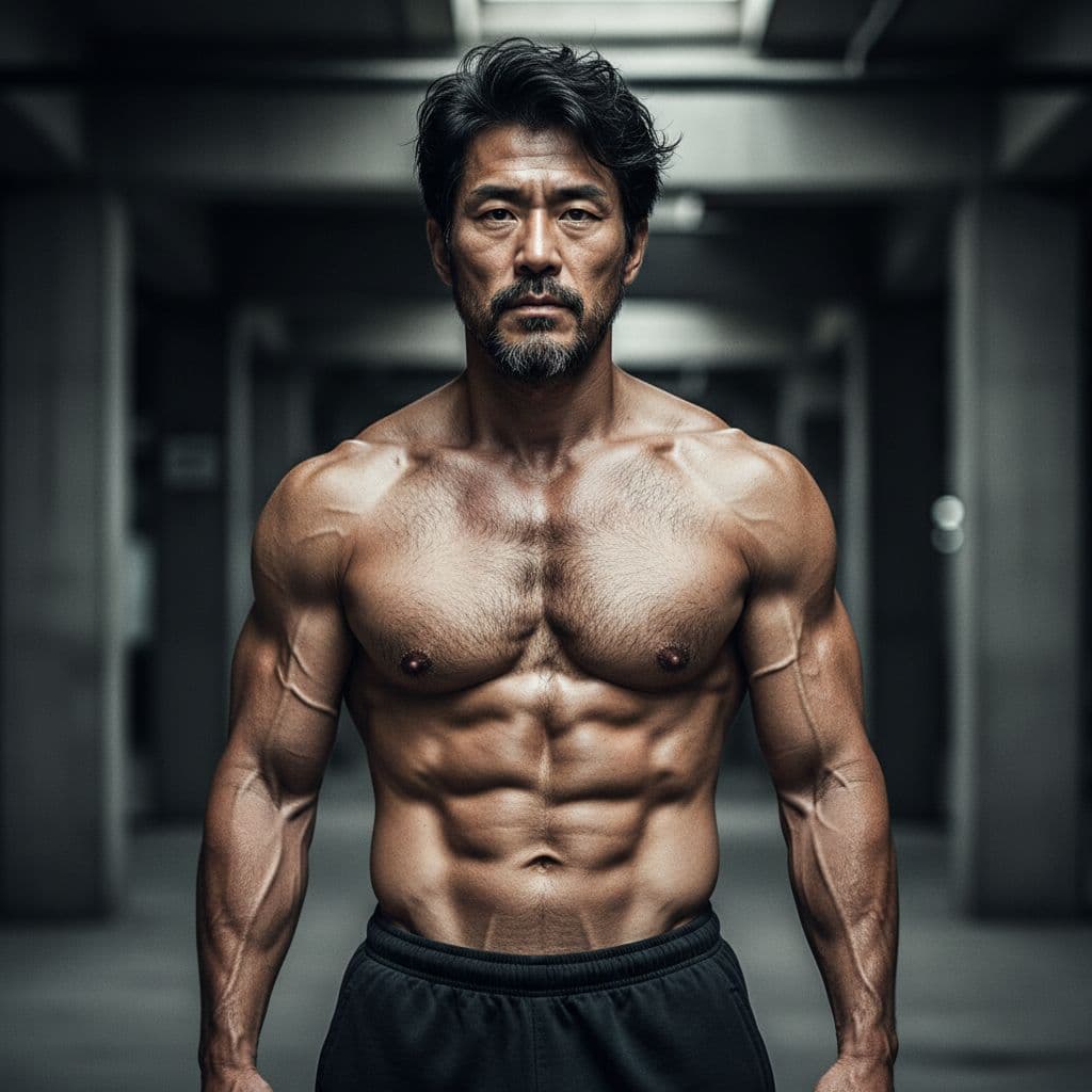 AI generated: 1boy solo, mature man, Jang Ho-joong, shirtless, muscular, hairy chest, shorts, stubble, facial hair...