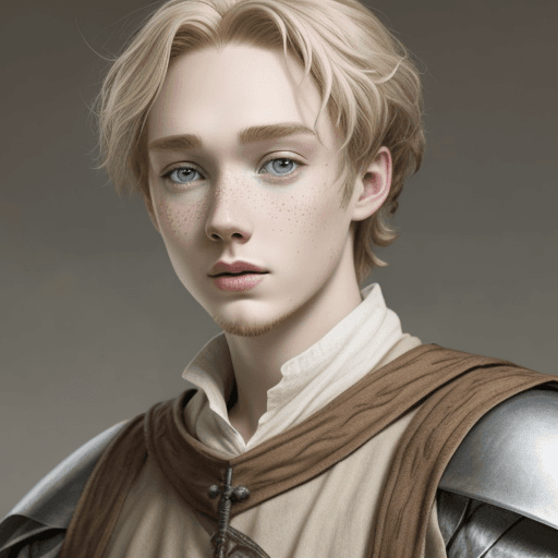 AI generated: Adult Toby Regbo medieval man blond hair grey eyes freckles medieval clothing