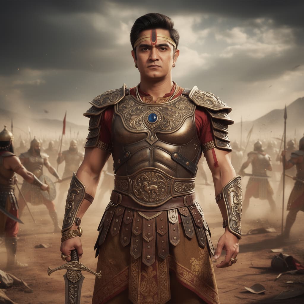 AI generated: indian male warrior from Mahabharatha, wearing etnic armor with a sword, on a battlefield, dramatic ...