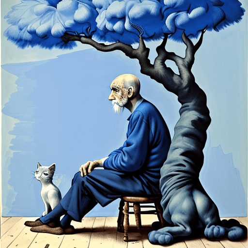 AI generated: Full height side view Portrait of an old man Picasso standing near a tree and looking at the small c...