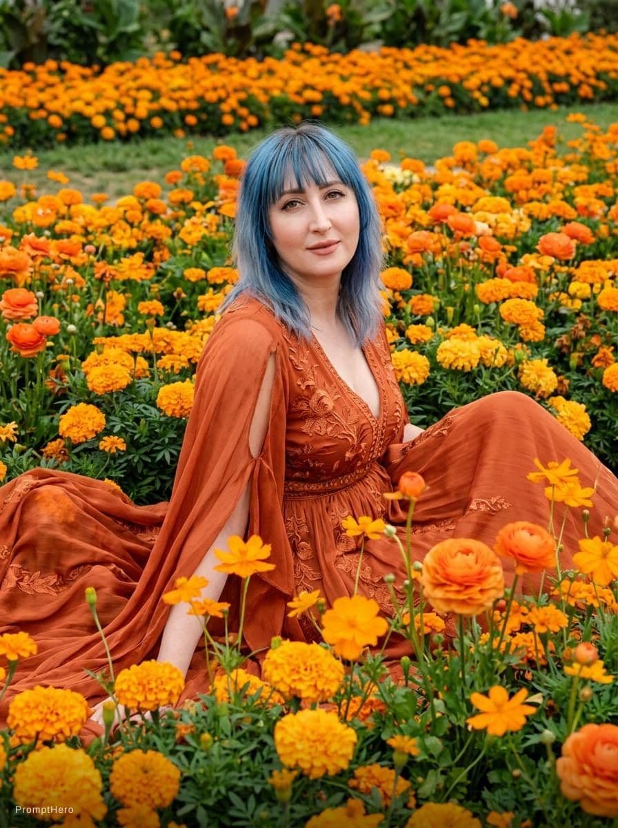 AI generated: beautiful fashion model with orange dress, and sitting on orange flowerbed, --ar 3:4