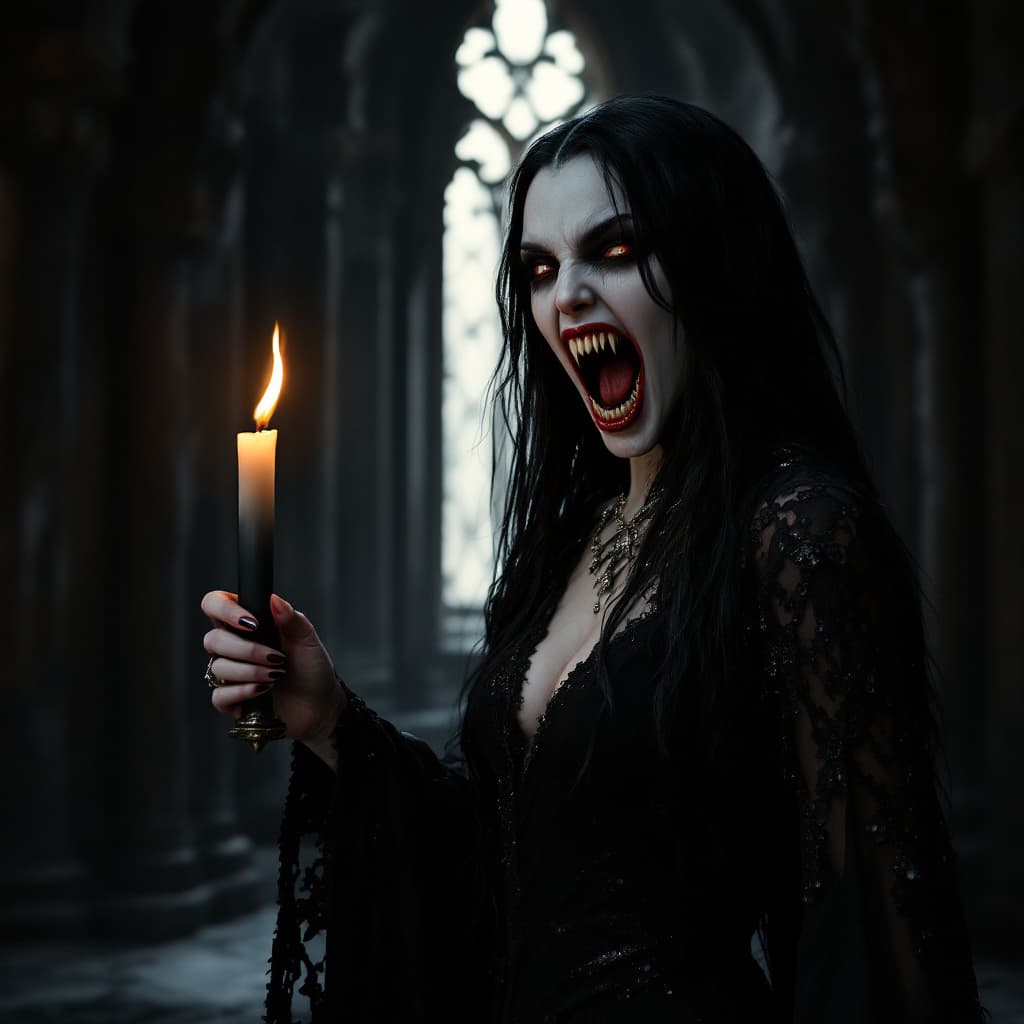 AI generated: female vampire, a vampire woman nosferatu 
with enormously long incisors with her mouth open, reveal...