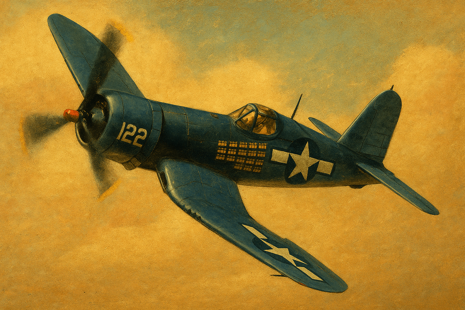 AI generated: Génère une illustration très détaillée d'un avion Chance Vought F4U Corsair en train de virer sur l'...