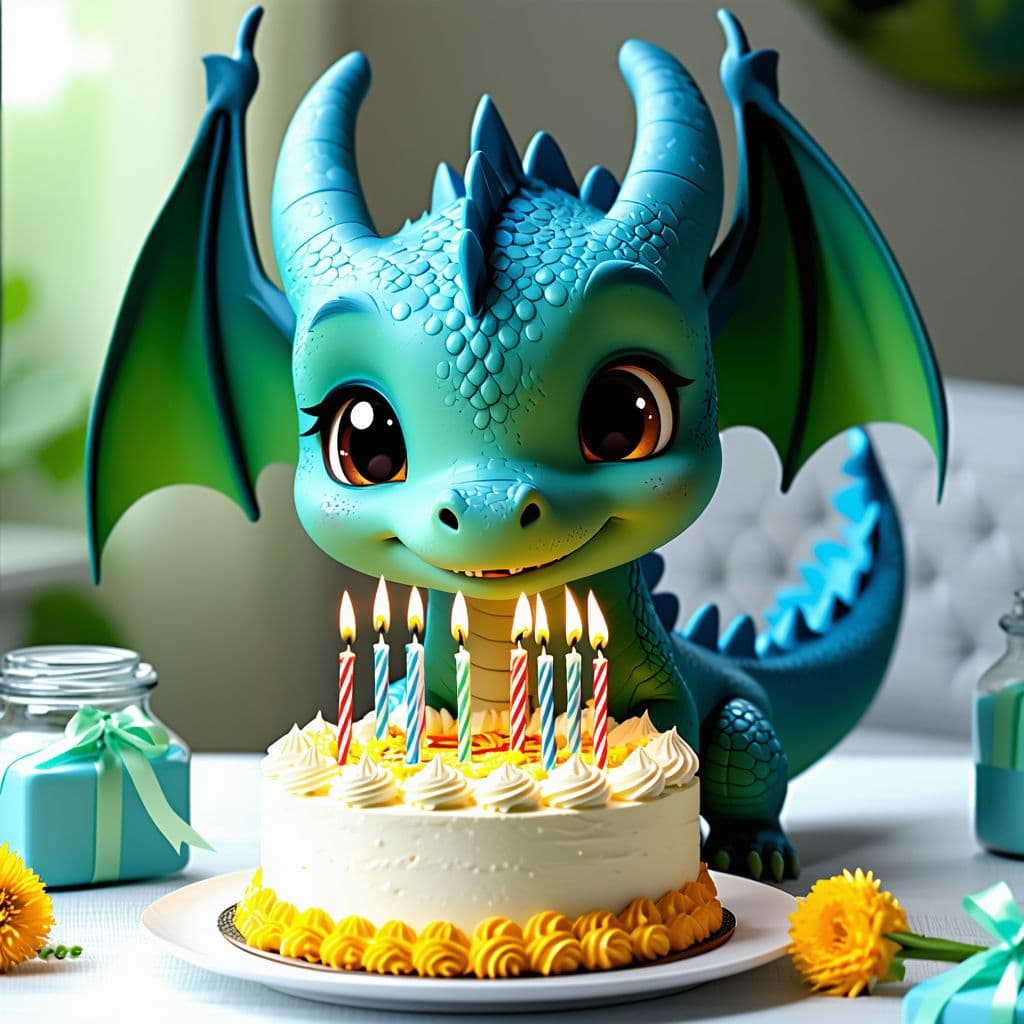 AI generated: Cartoonish cute baby dragon blowing candles of a birthday cake
