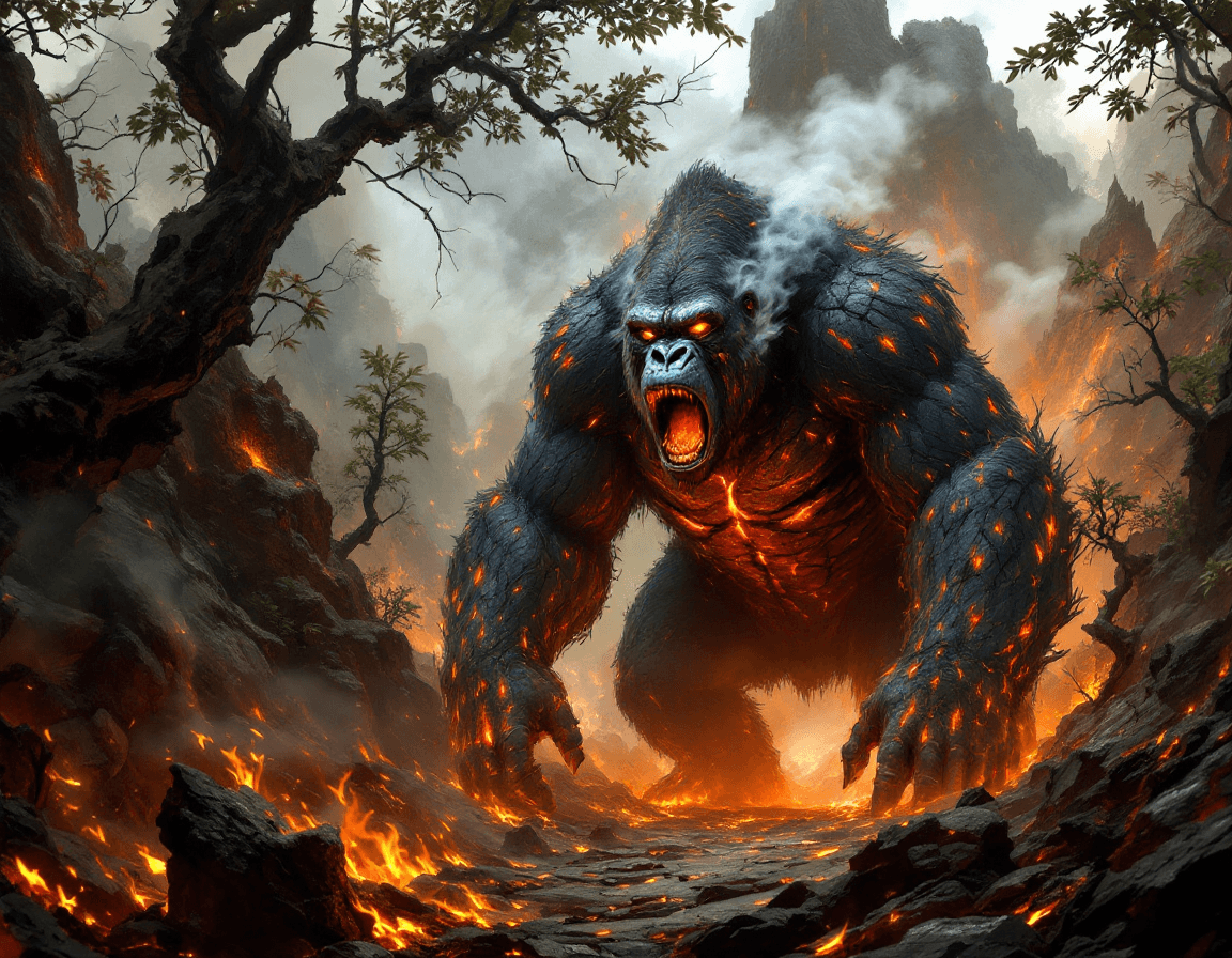 AI generated: Amid the heart of a smoldering volcanic jungle, the Cindergorilla rises like a titan of ash and flam...