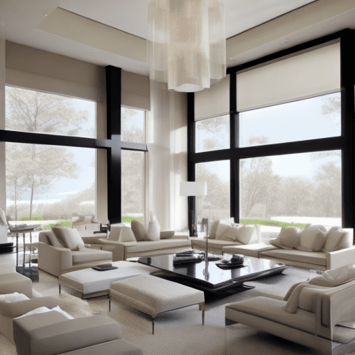 AI generated: Design a modern luxurious living room with warm colors and high ceiling windows. The space should fe...
