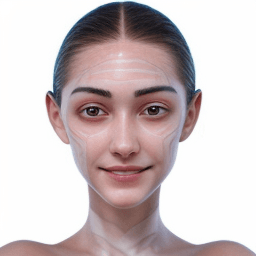 AI generated: young beautiful woman, smiling at camera, symmetrical face,   symmetrical eyes, white background, ex...