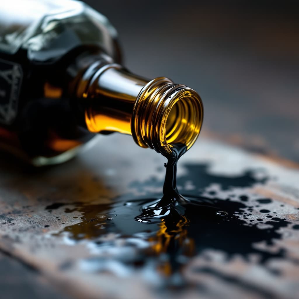 AI generated: 
41.39.	macro 3D render of antique ink bottle tipping over, black ink spreading --v 7 --style chaoti...