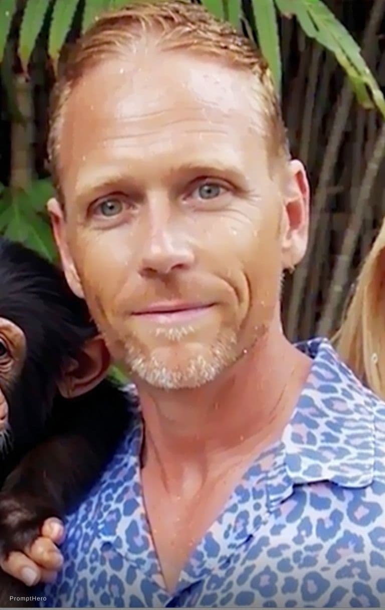 AI generated: tarzan and jane standing on a tree branch in tropical forest, looking at viewer, they both wear leop...