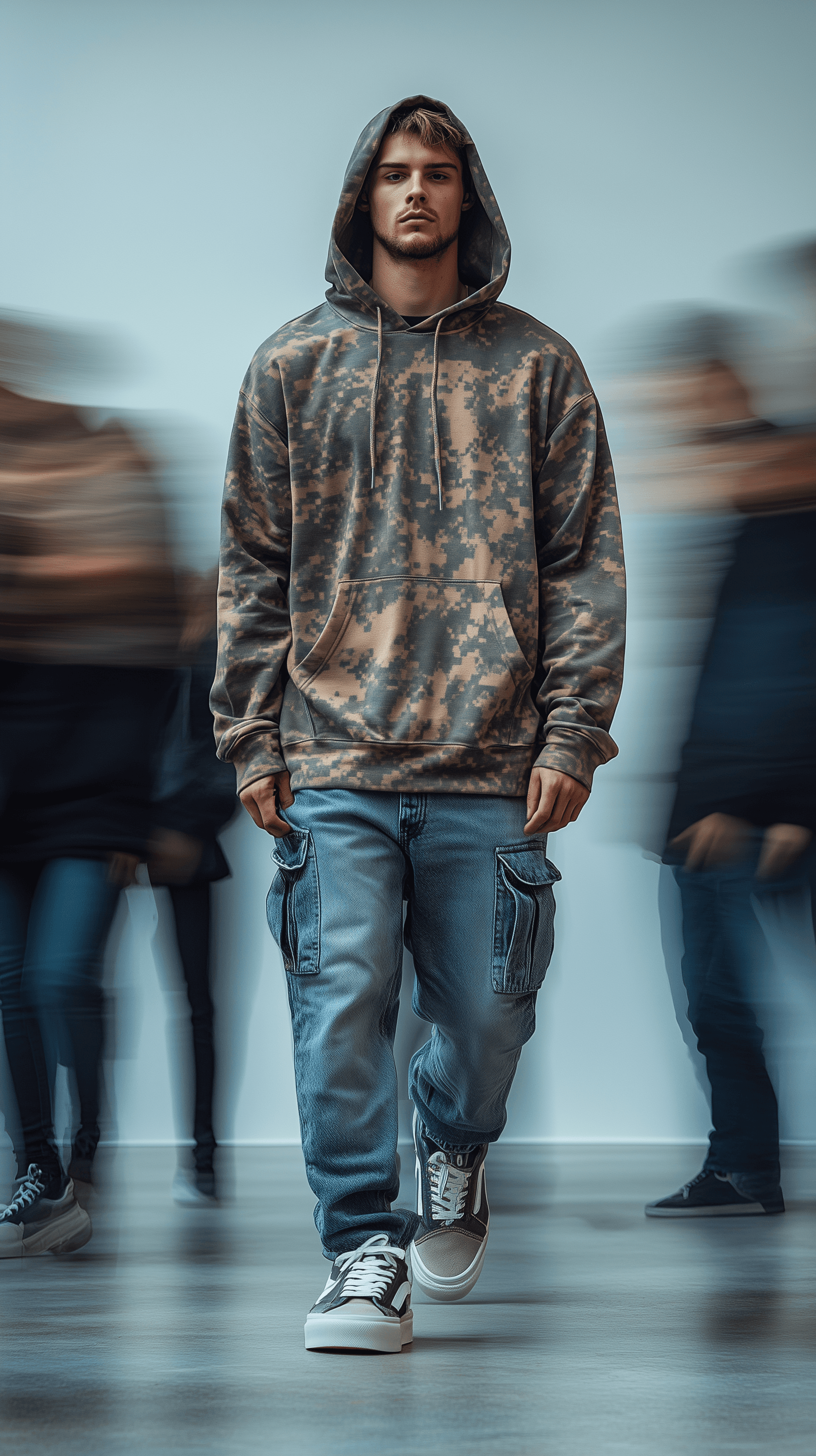 AI generated: photography, snap shot, male model, front pose, full-body, surrounded by a blurred motion, wearing c...