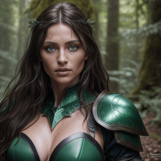 AI generated: detailed and photorealistic portrait of a sorceress in green and black leather armor, with messy hai...