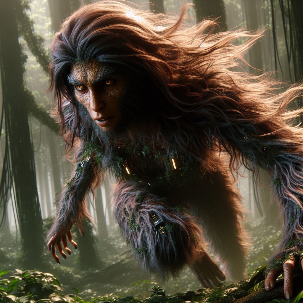 AI generated: A degenerate hairy human being of the far future, moving like an ape through the dense canopy of a f...