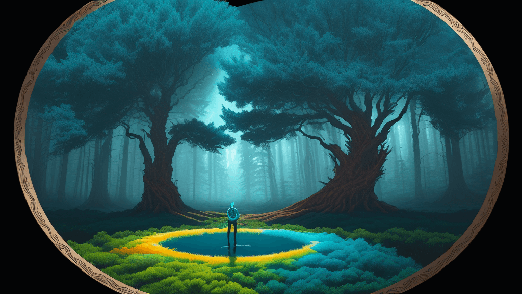 AI generated: a large circle of a person above a tree in an image, in the style of vibrant fantasy landscapes, tea...