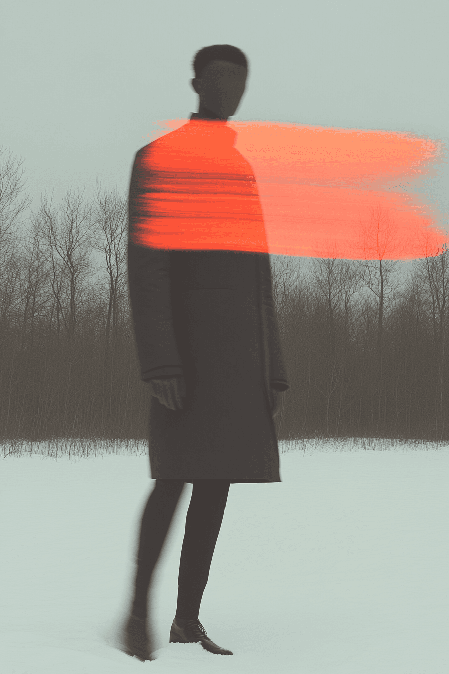 AI generated: blurry image of snowy winter puffer jacket fashion, at night, surreal sky filled of change and wind ...