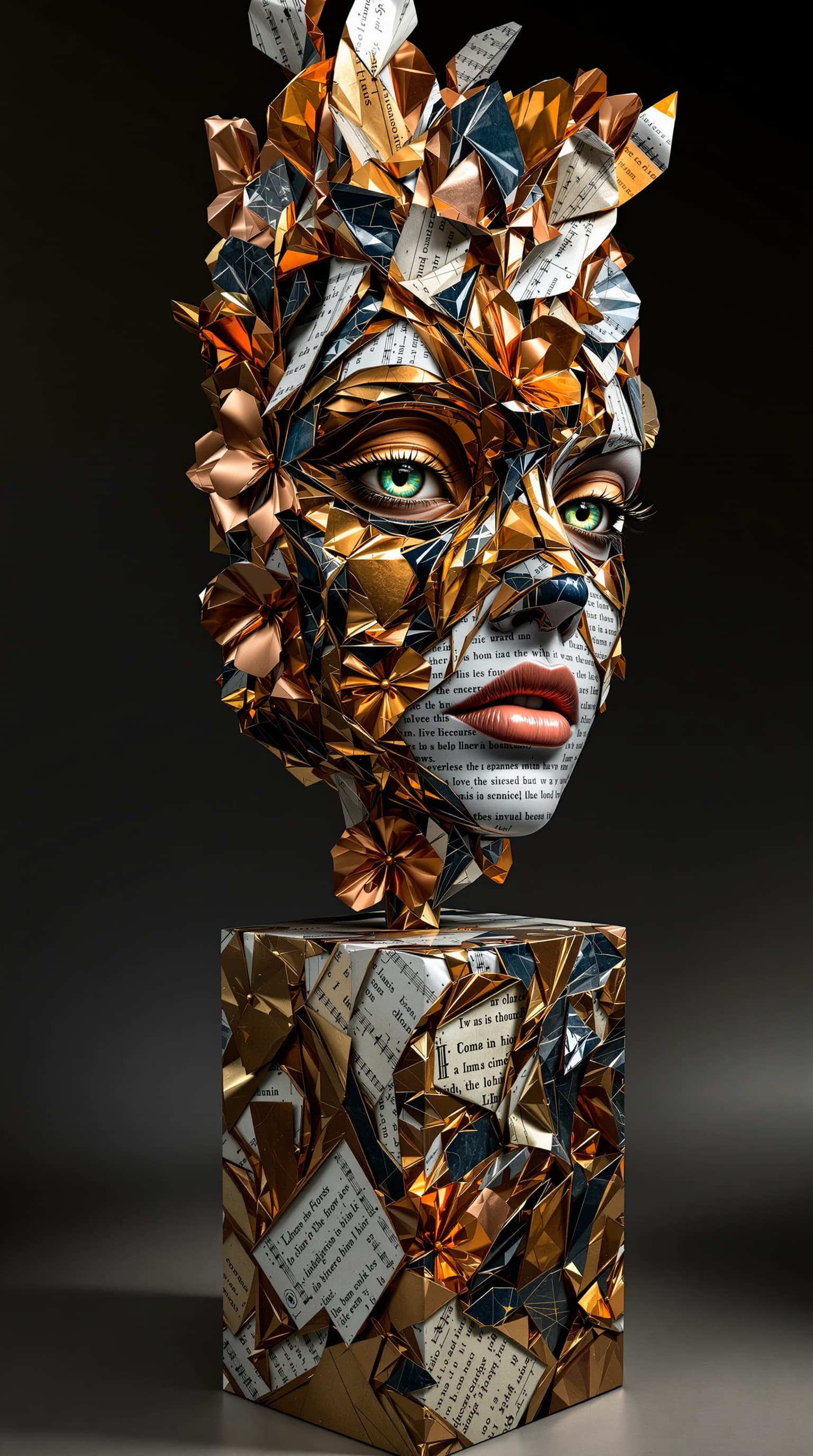 AI generated: "Where the Blossom Meets the Asphalt" An exquisitely crafted abstract sculpture gleams with vibrant ...