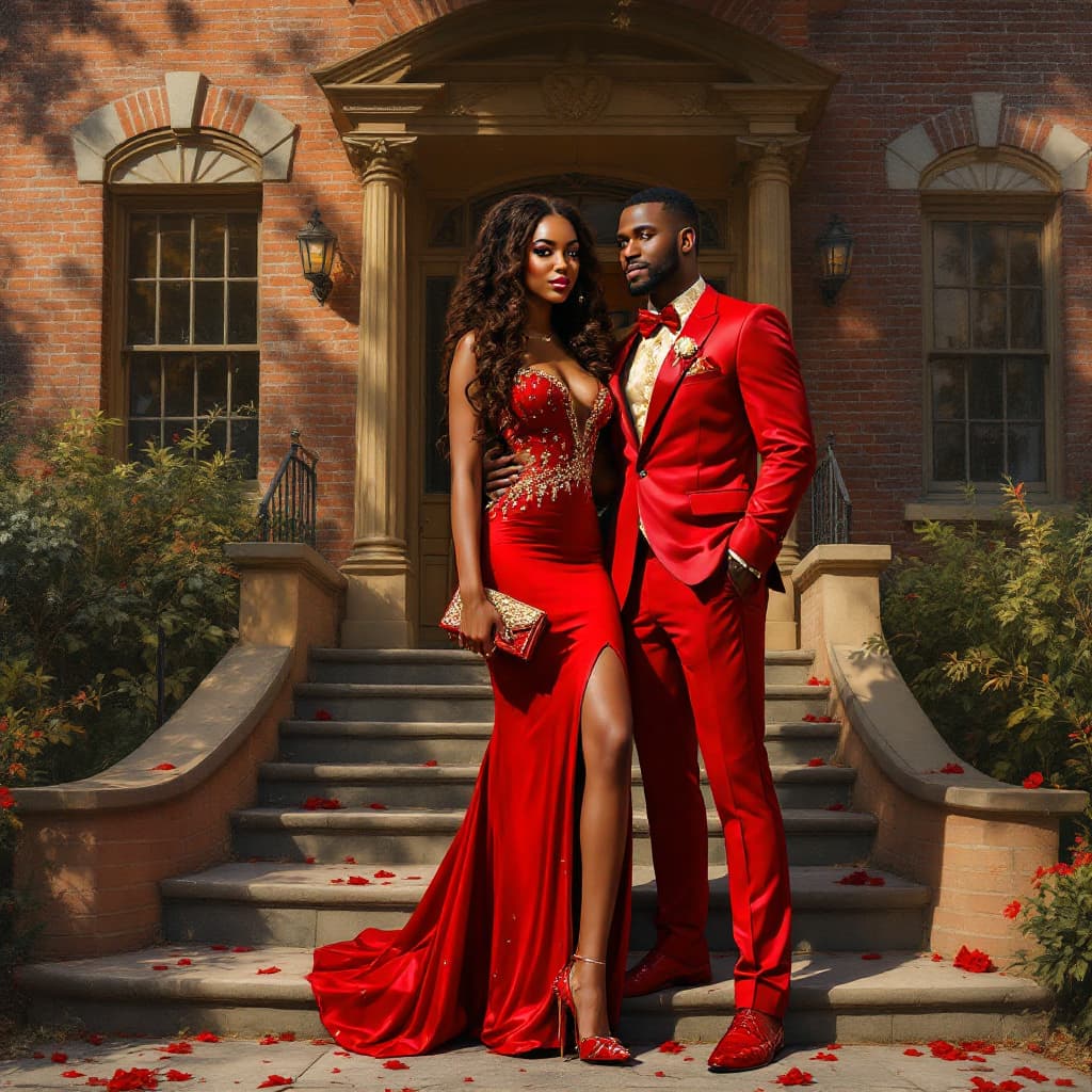 AI generated: A full-body, highly detailed oil painting of an African American couple posing for prom pictures in ...