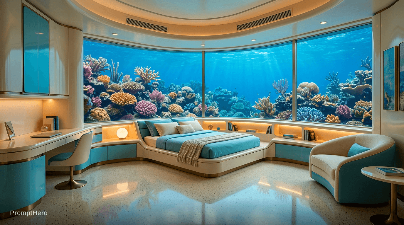 AI generated: A retro futuristic bedroom with built-in furniture submerged under the ocean. cream and tiffany blue...