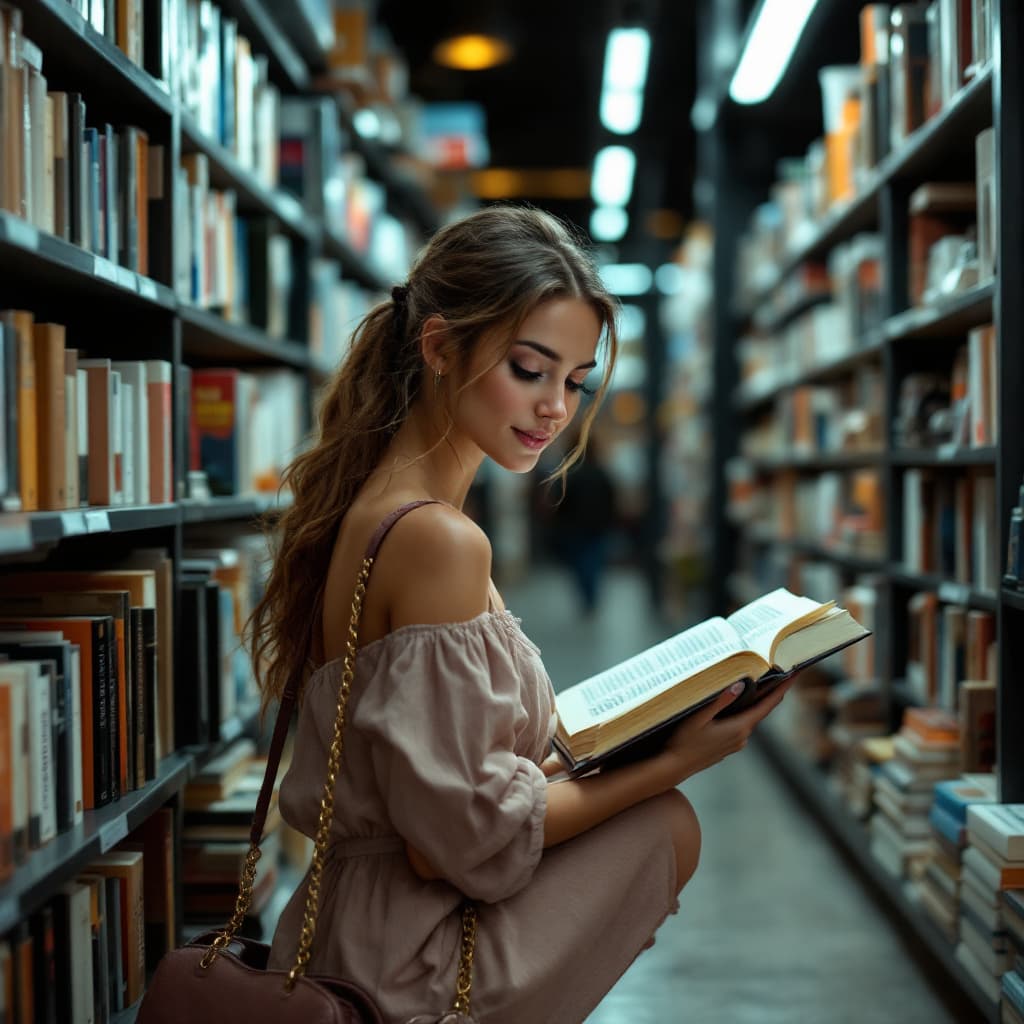 AI generated: Create an image of a hot woman crouched down browsing a book in a cozy bookstore. She has long, ligh...