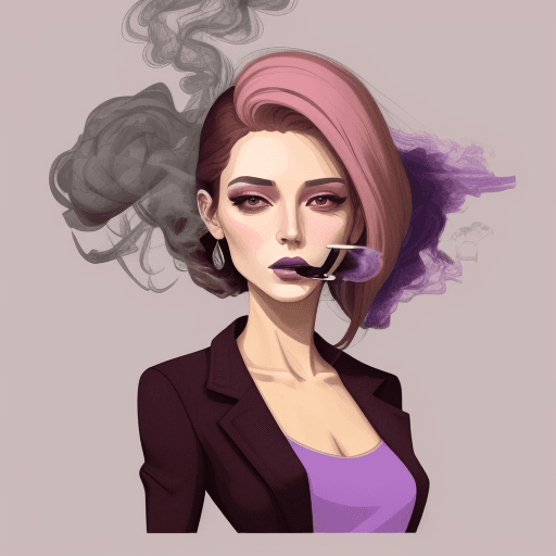 AI generated: A smoking female, Digital illustration, Modern era, Mixed colors with prominent use of purples, pink...