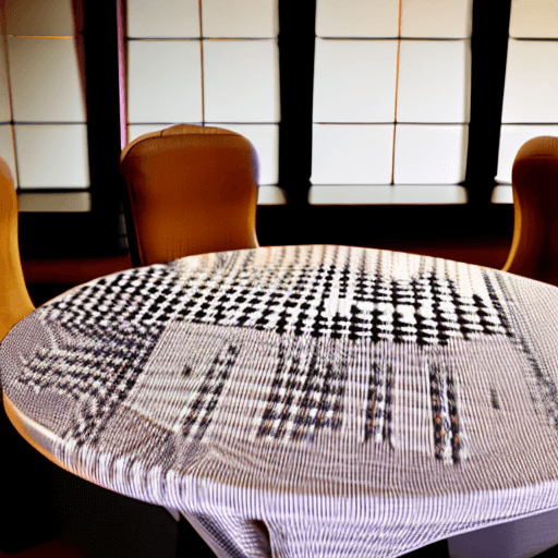 AI generated: photograph, one round table with a checkered cloth:: 4 wooden chairs, 4k, detailed, ambient lighting