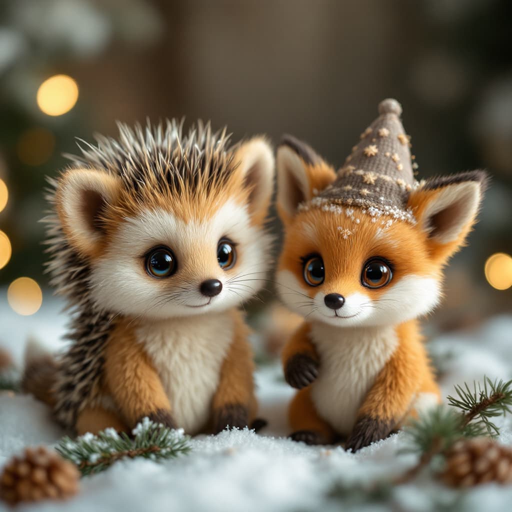 AI generated: photorealistic 2 cute baby hedgehog plush brother and sister and one cute little fox with big eyes, ...