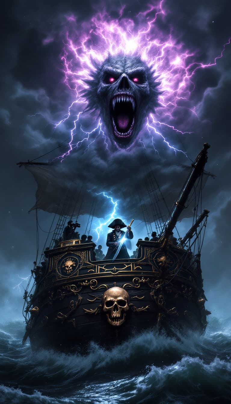 AI generated: A pirate ship caught in a storm. There's a skull symbol on the front of the ship, engraved on the hu...