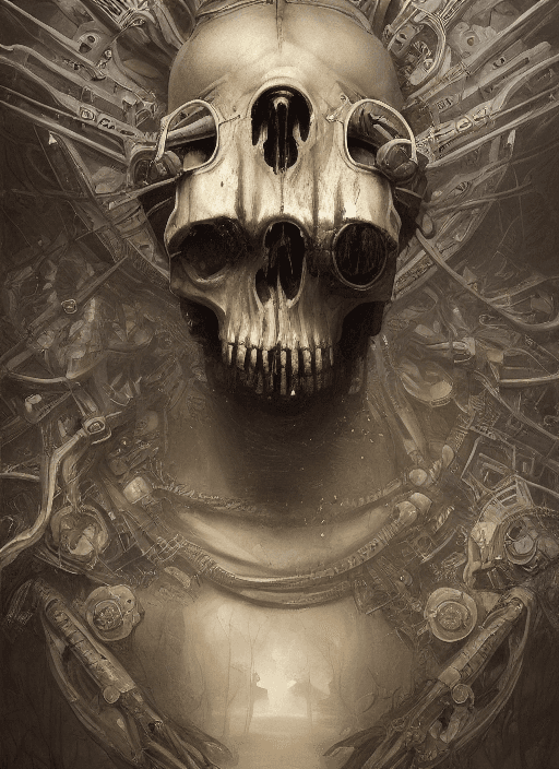 AI generated: portrait shot of SKULL with open mouth
 with gasmask in a scenic dystopian environment, intricate, e...