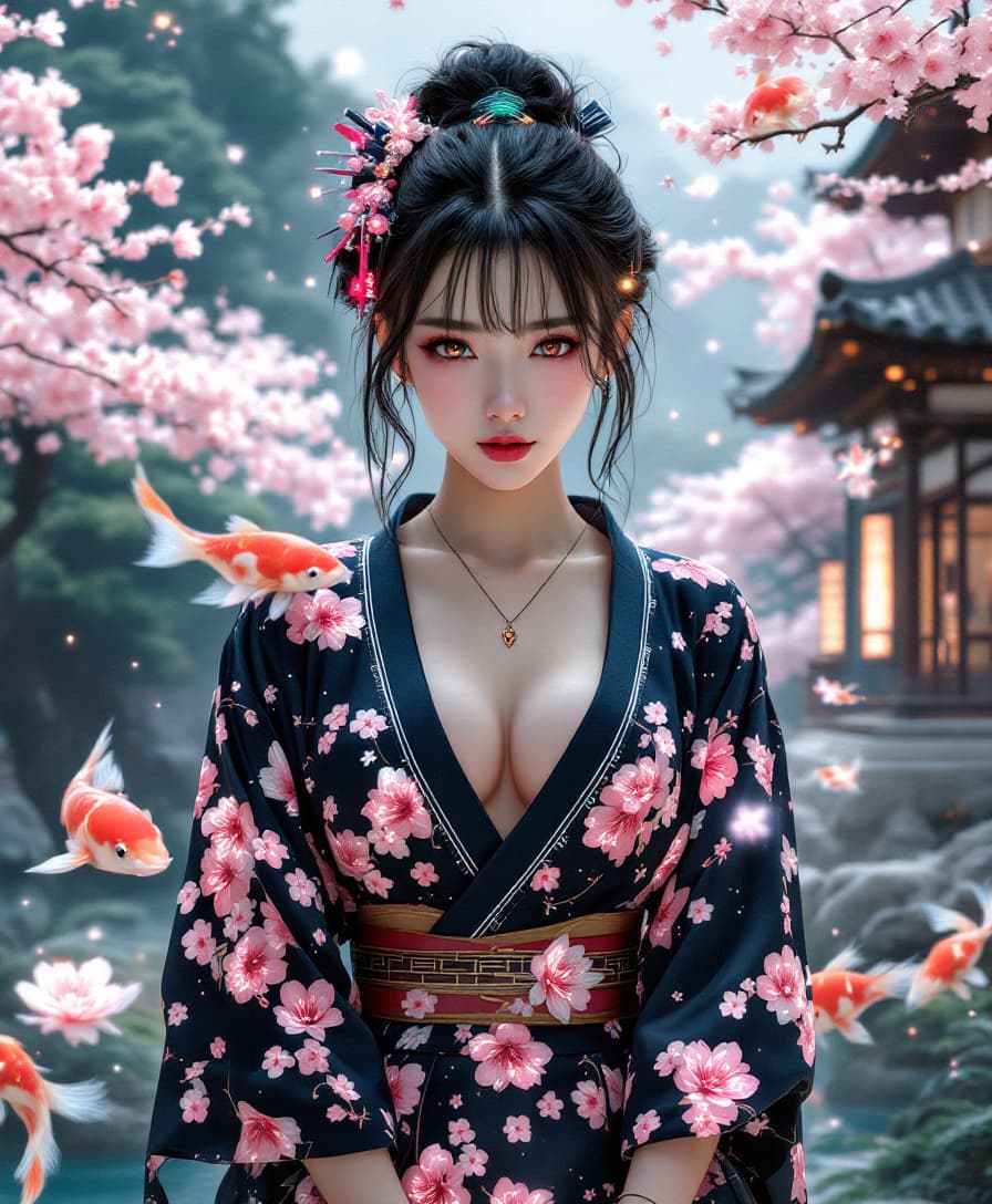 AI generated: A mesmerizing portrait of a woman in a deep V-neck top, combining elements of Japanese ukiyo-e art a...