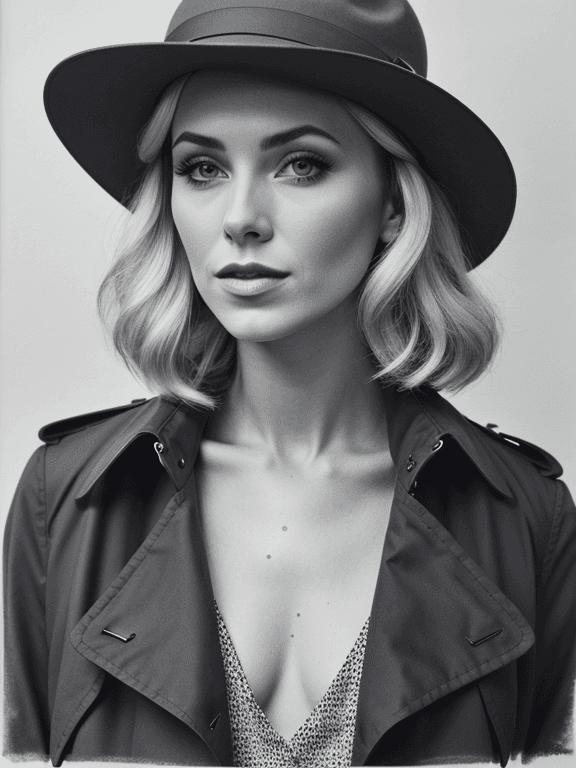 AI generated: detailed pencil drawing of a beautiful willowy blond young woman,busty,woman's trench coat,fedora,fu...