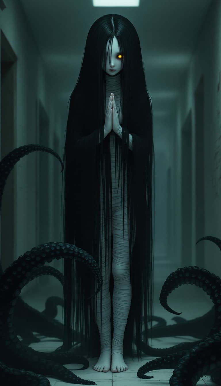 AI generated: beautiful shy lonely stoic soft spoken emotionally composed eerie yet gentle edgy gloomy sad anime h...