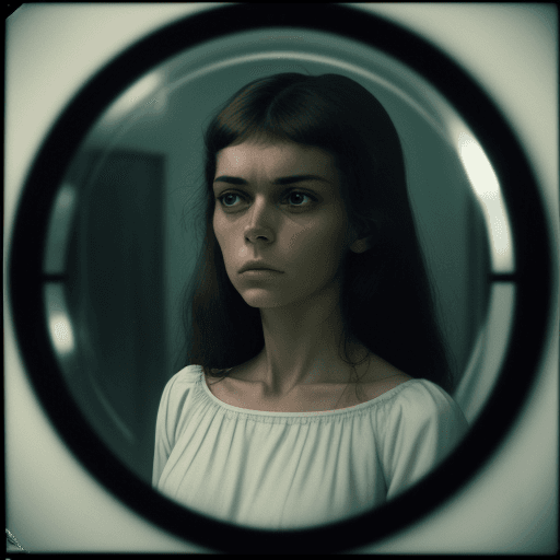 AI generated: A photograph styled to mirror a 1970s cinema frame, featuring a woman who resembles someone in her y...