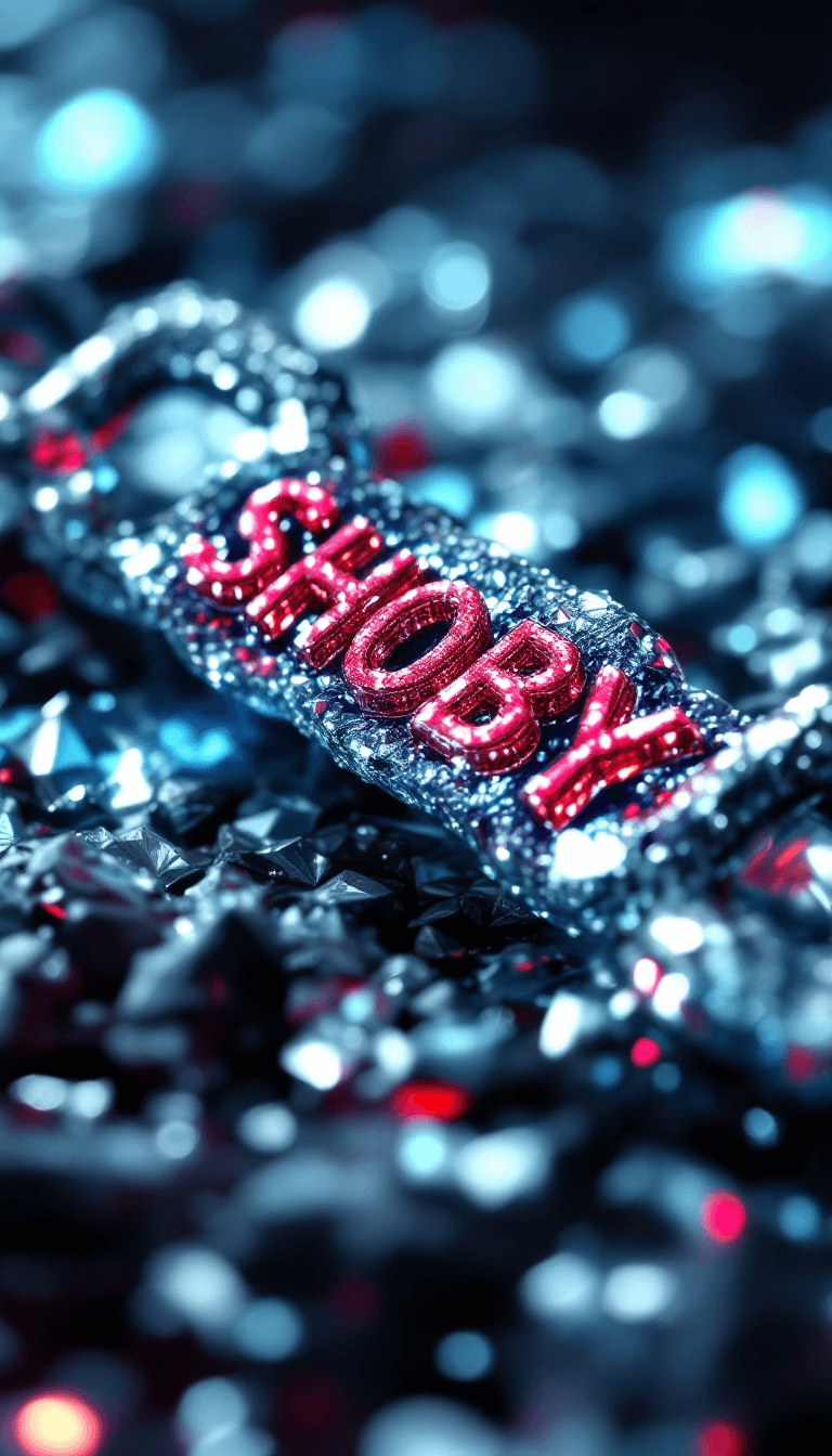 AI generated: big diamond ice out cuba chain. On the Chain  is the text: SHOBY" in a abstract red diamond font sty...