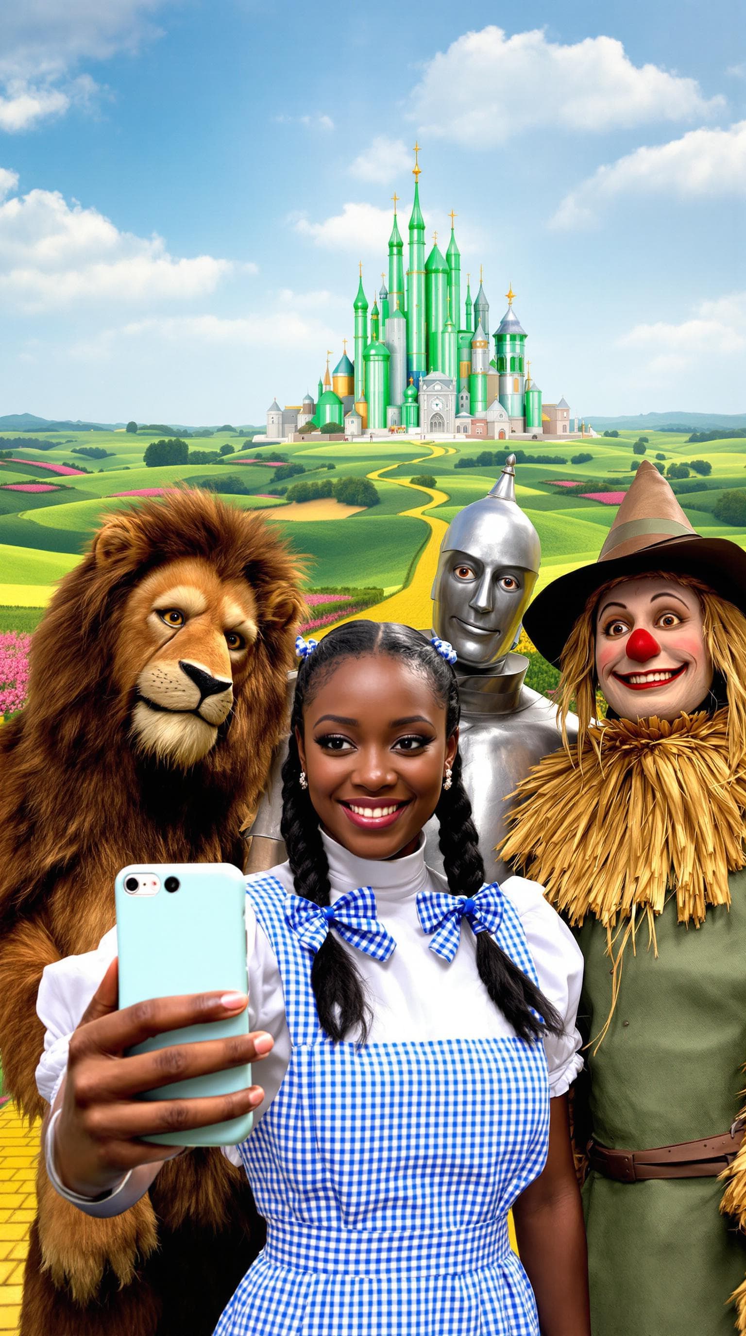 AI generated: A group of characters from the Wizard of Oz, including An African American woman dressed as Dorothy,...