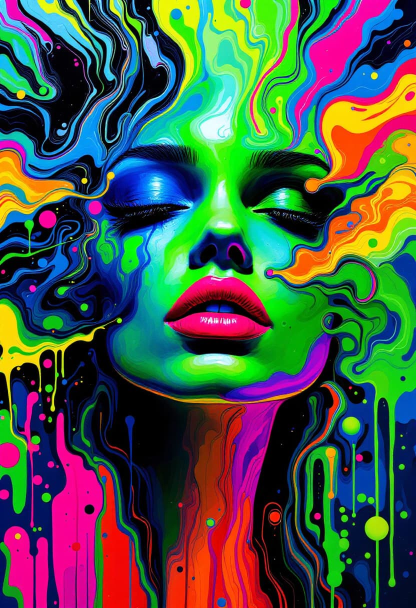 AI generated: psychedelic liquid painting, neon woman colors, green, blue cobalt, ruby red, orange, yellow, pink, ...