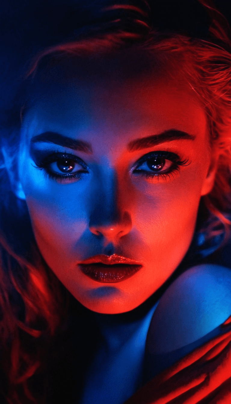 AI generated: fashion editorial, a portrait of young woman is studio red and blue lights in style Alain Laboile, s...