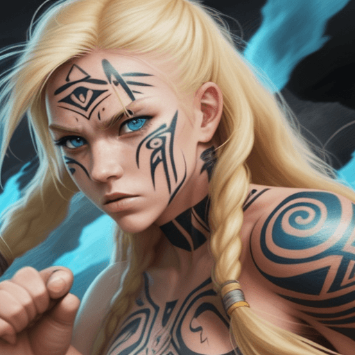 AI generated: strong and agile woman. Her blonde hair falls in waves around her face as she concentrates on the fi...
