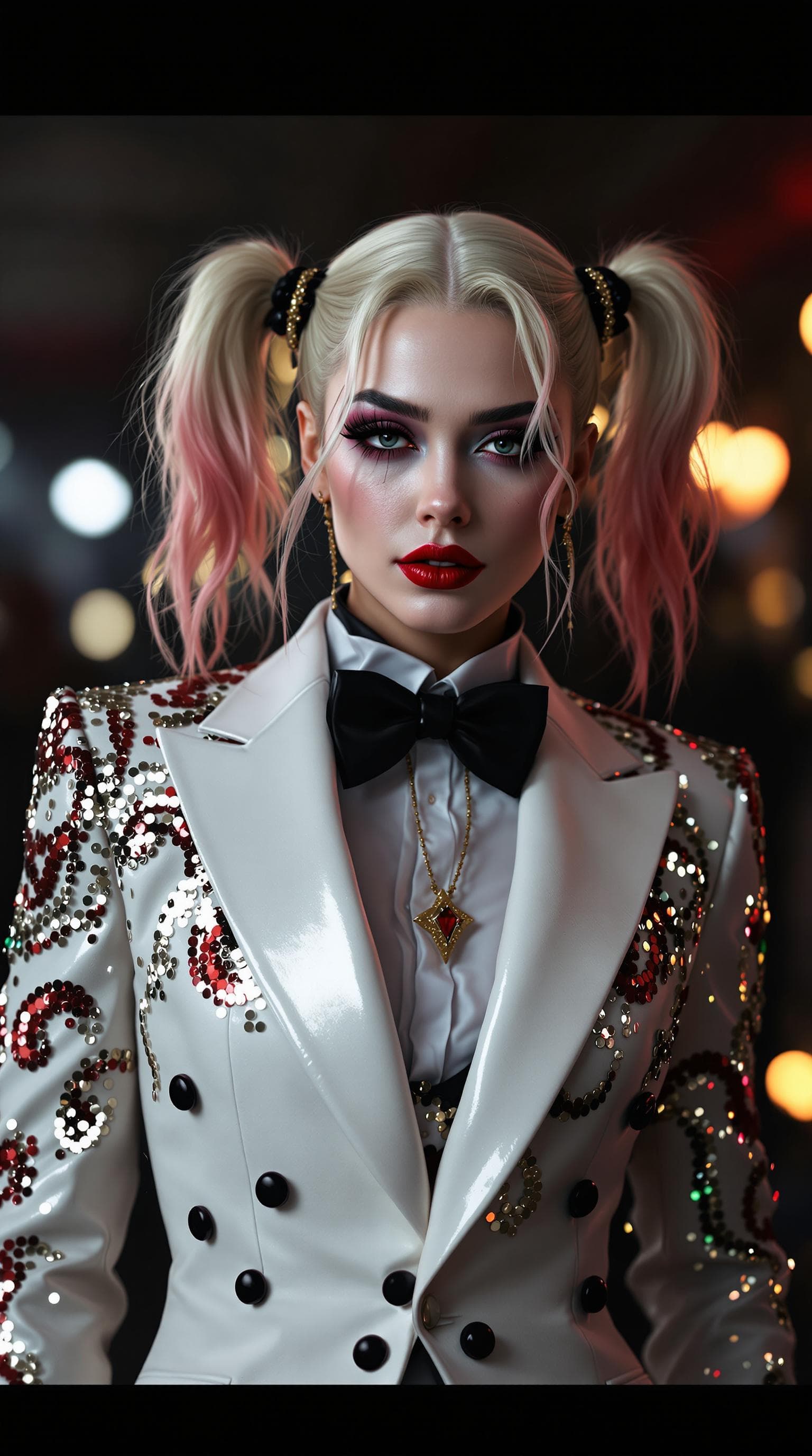 AI generated: photo realism fictional character harley quin as a high fashion model dressed in a chic elegant tuxe...